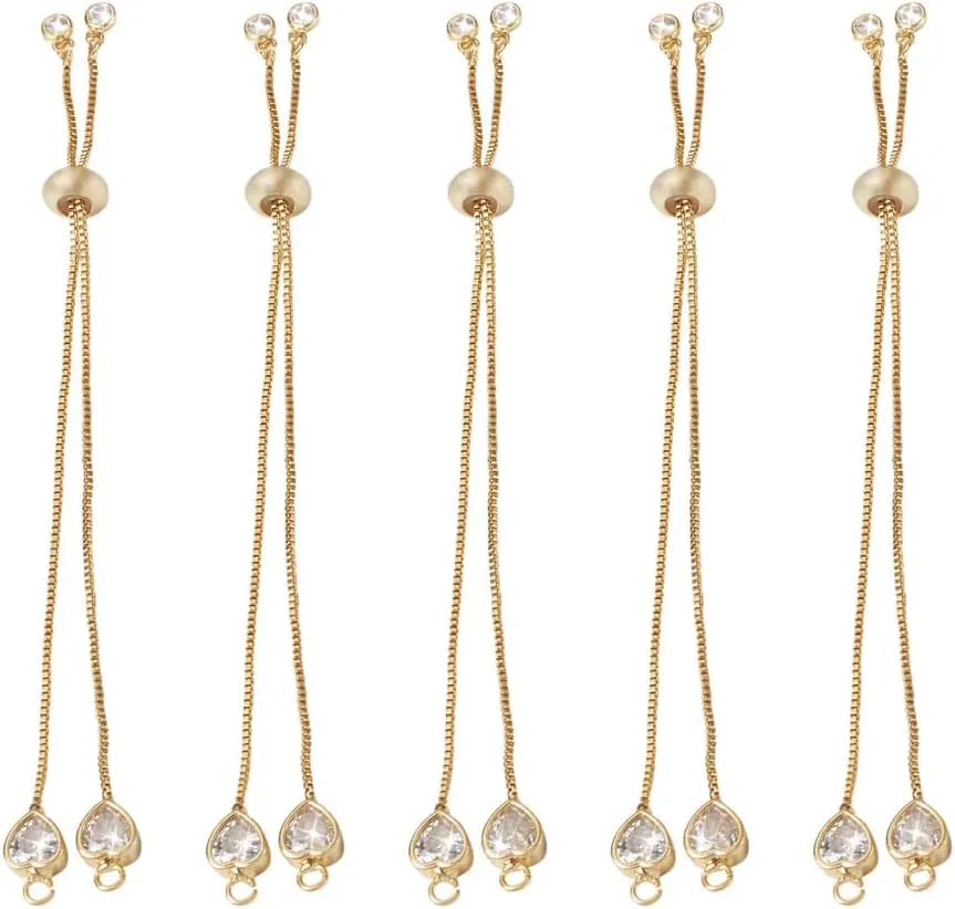 KISSITTY 10Pcs Adjustable Brass Slider Bracelet Real 18K Gold Plated Bracelet Chain Extender Box Chain Friendship Bracelet with Heart Rhinestone End 4.72inch(120mm) for Woman Bracelet Valentine Gift