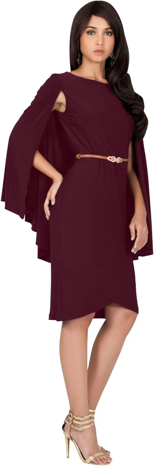 KOH KOH Womens Cape Long Sleeve Round Neck Cocktail with Leather Belt Mini Dress