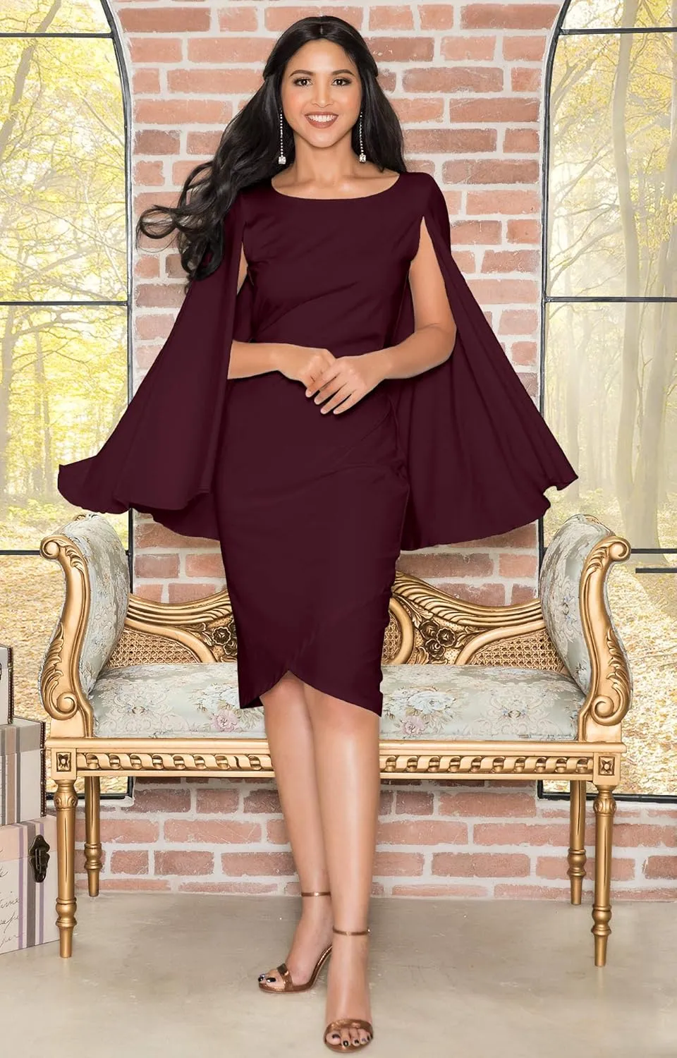 KOH KOH Womens Cape Long Sleeve Round Neck Cocktail with Leather Belt Mini Dress