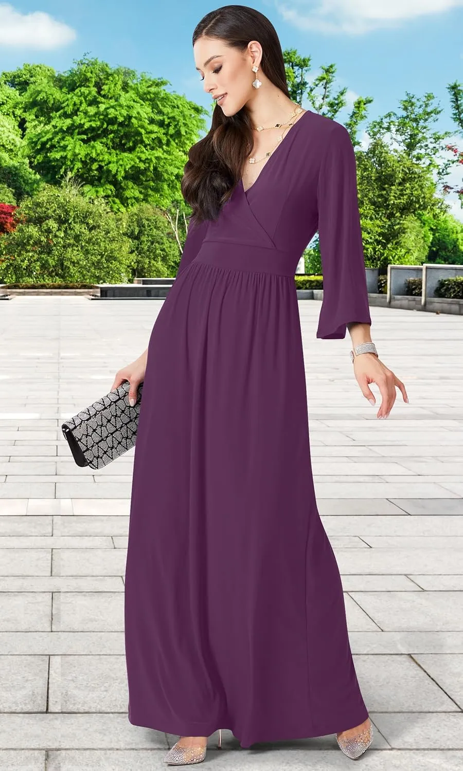 KOH KOH Womens Long Kimono Sleeve V-Neck Wrap Belted Empire Flowy Maxi Dress