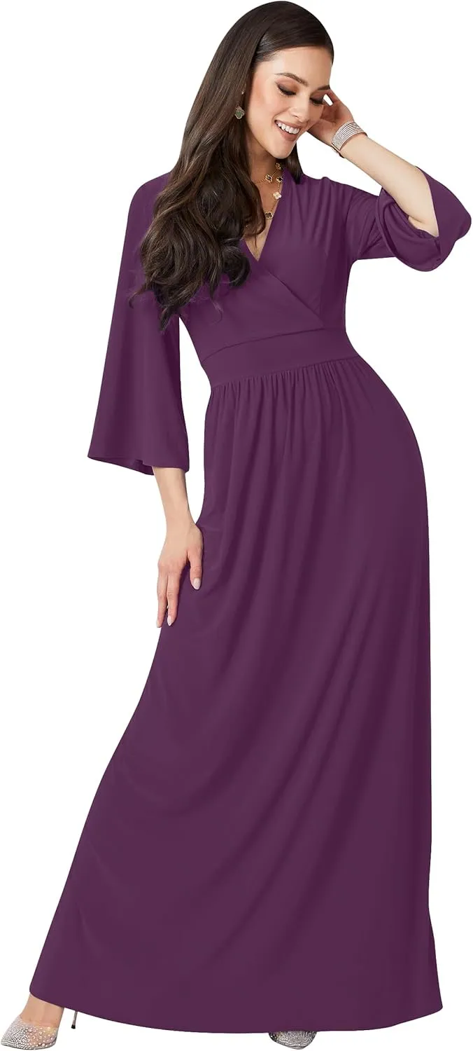 KOH KOH Womens Long Kimono Sleeve V-Neck Wrap Belted Empire Flowy Maxi Dress