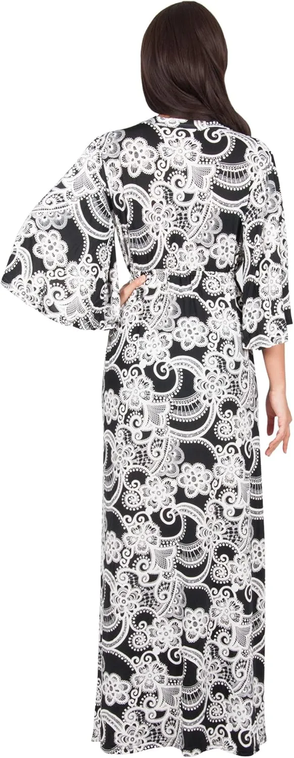 KOH KOH Womens Long Kimono Sleeves V-Neck Floral Print Flowy Summer Maxi Dress