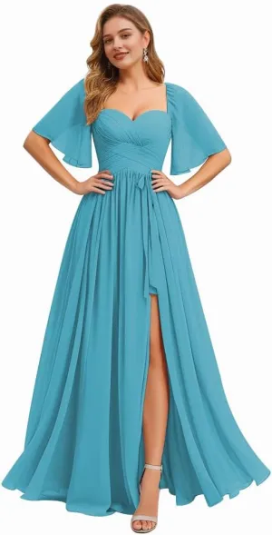 Kyeuan Flutter Sleeve Bridesmaid Dresses for Women with Slit Ruched Chiffon A Line Long Formal Dress for Wedding Guest