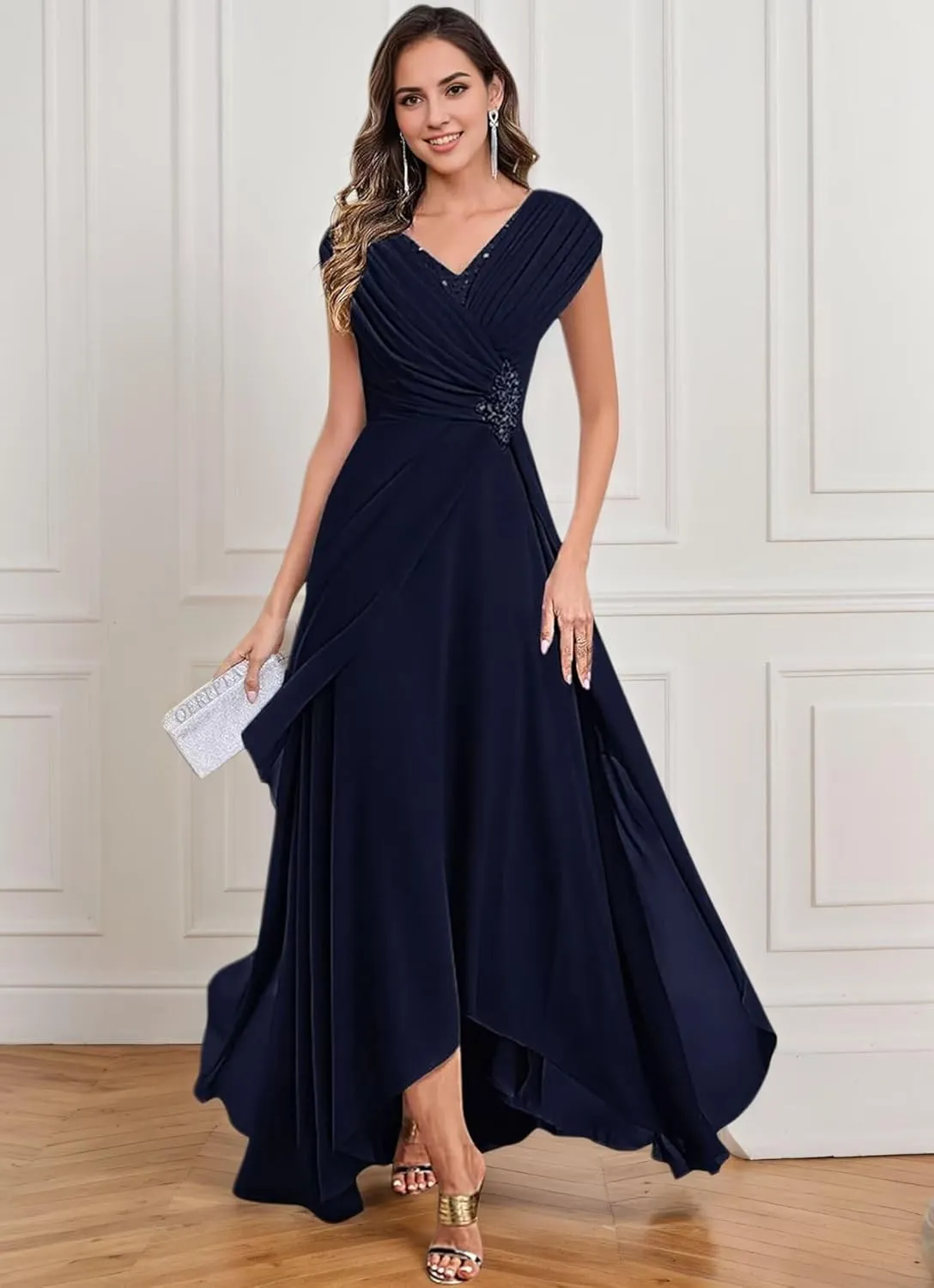 Lace Appliques Long Mother of The Bride Dresses for Women Cap Sleeves Formal Dress Hi-Lo V Neck Evening Gowns