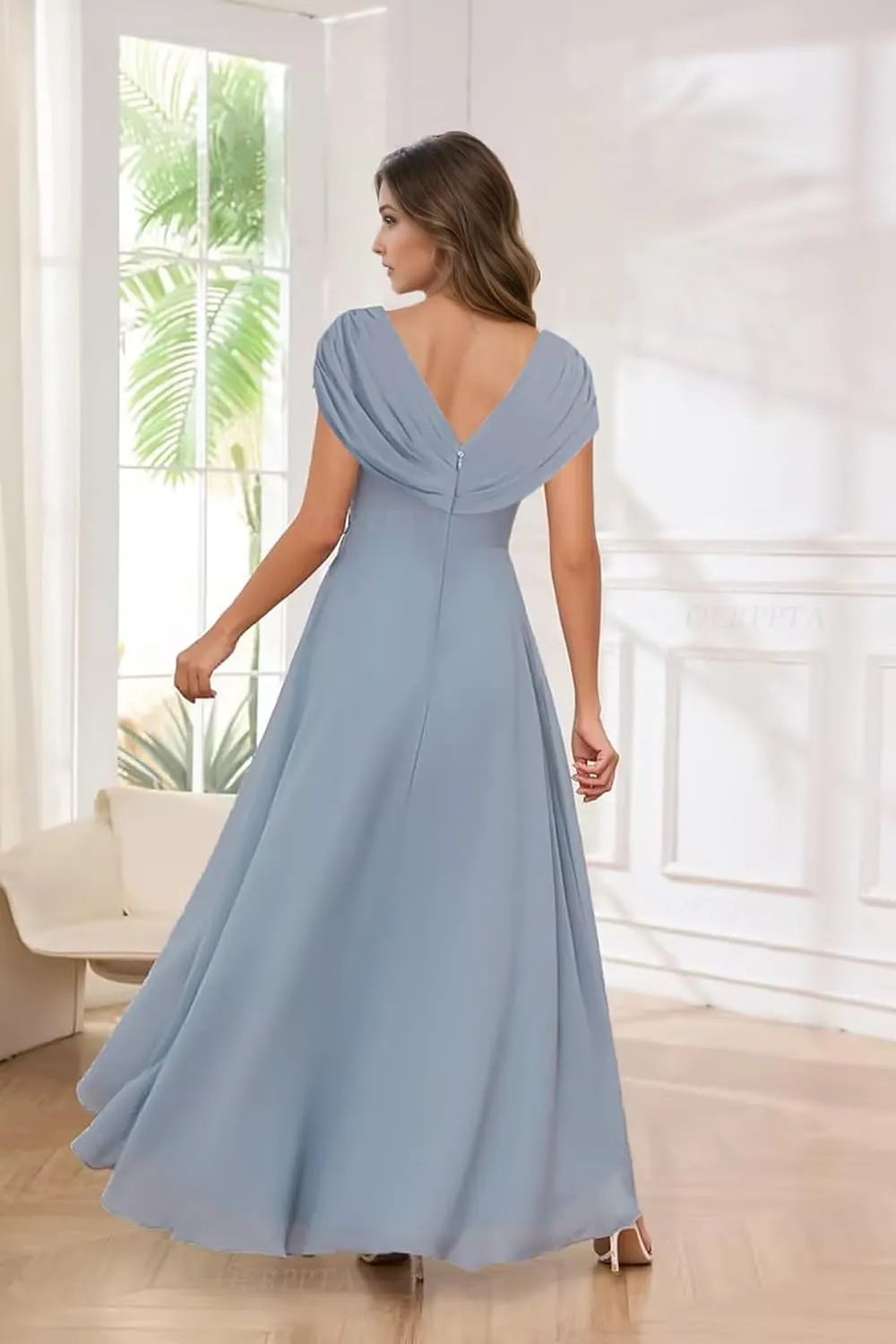 Lace Appliques Long Mother of The Bride Dresses for Women Cap Sleeves Formal Dress Hi-Lo V Neck Evening Gowns