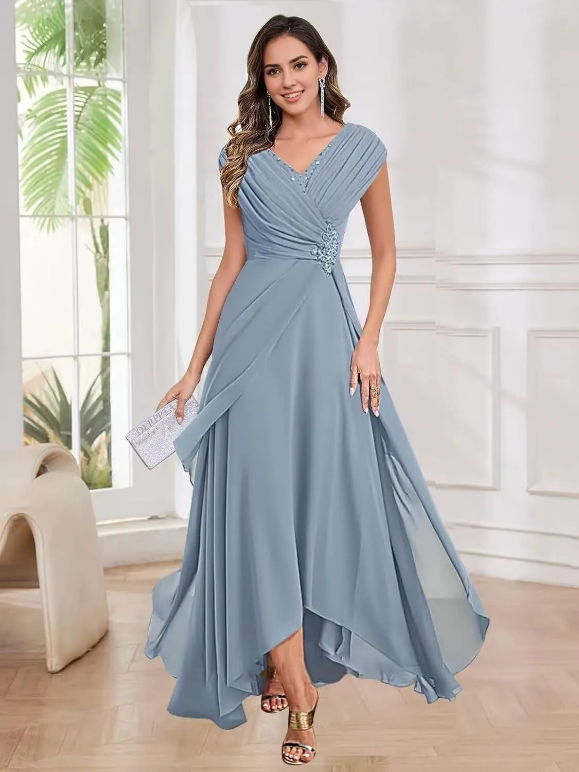Lace Appliques Long Mother of The Bride Dresses for Women Cap Sleeves Formal Dress Hi-Lo V Neck Evening Gowns