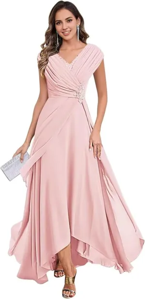 Lace Appliques Long Mother of The Bride Dresses for Women Cap Sleeves Formal Dress Hi-Lo V Neck Evening Gowns