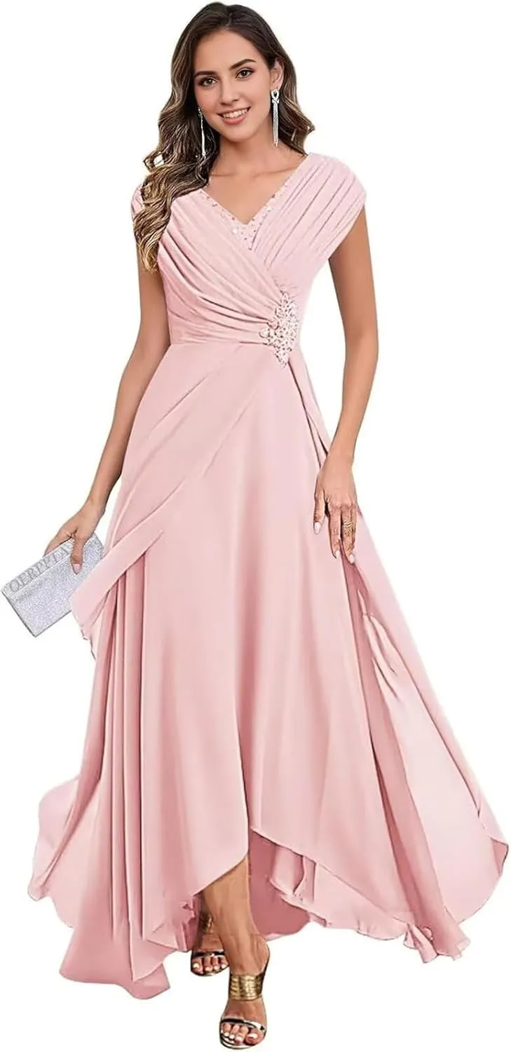 Lace Appliques Long Mother of The Bride Dresses for Women Cap Sleeves Formal Dress Hi-Lo V Neck Evening Gowns