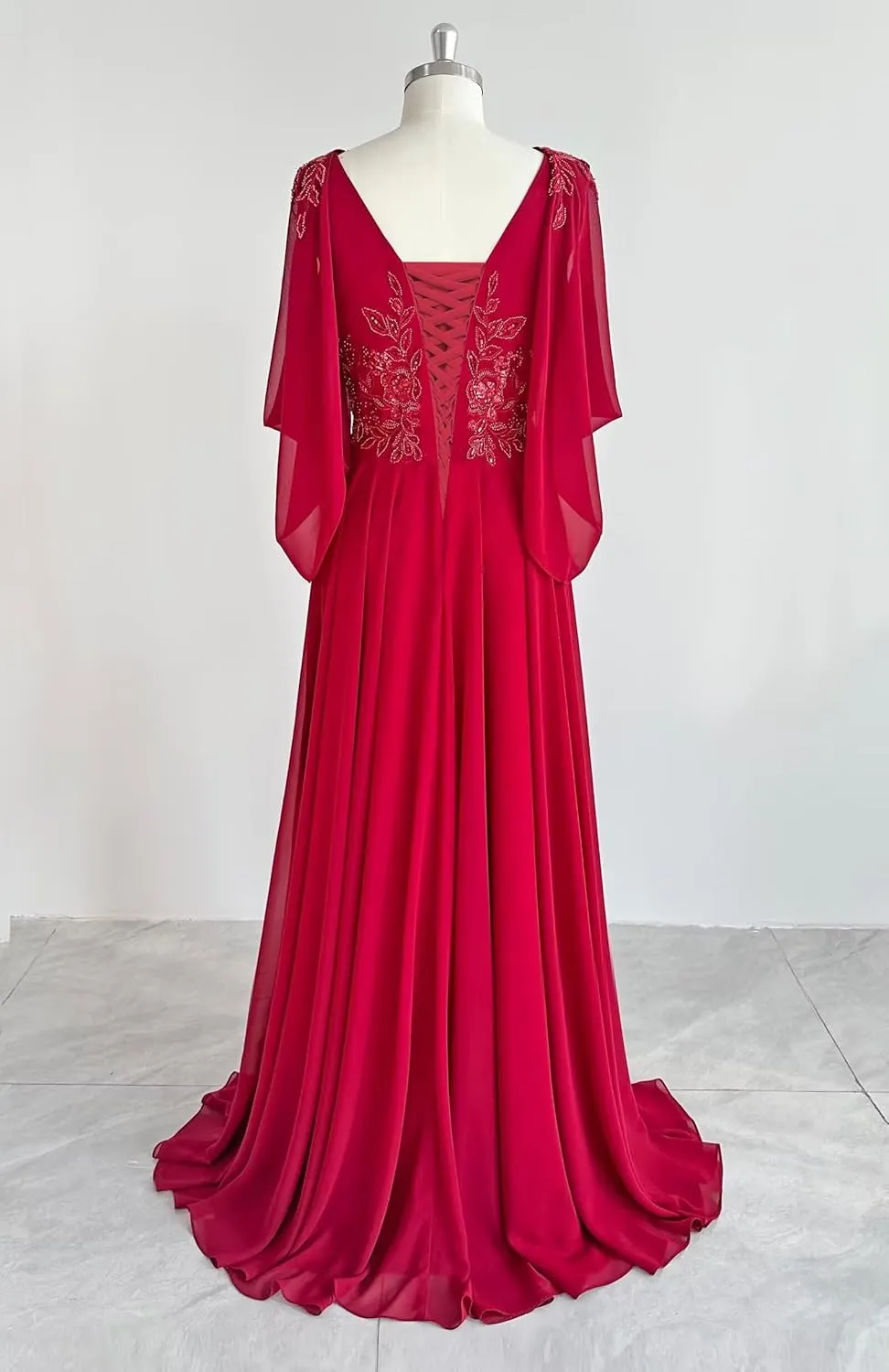 Lace Chiffon Mother of The Bride Dresses 2025 with Slit Sequin Beaded Formal Dresses V Neck Evening Gown with Cape Sleeve