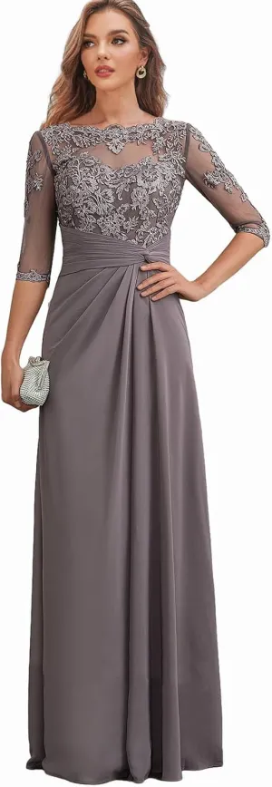 Lace Mother of The Bride Dresses for Wedding - Long Formal Dress Chiffon 3/4 Sleeves Ruched Evening Gown