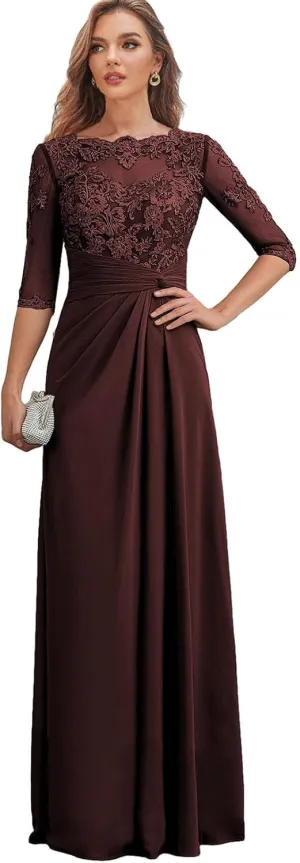 Lace Mother of The Bride Dresses for Wedding - Long Formal Dress Chiffon 3/4 Sleeves Ruched Evening Gown