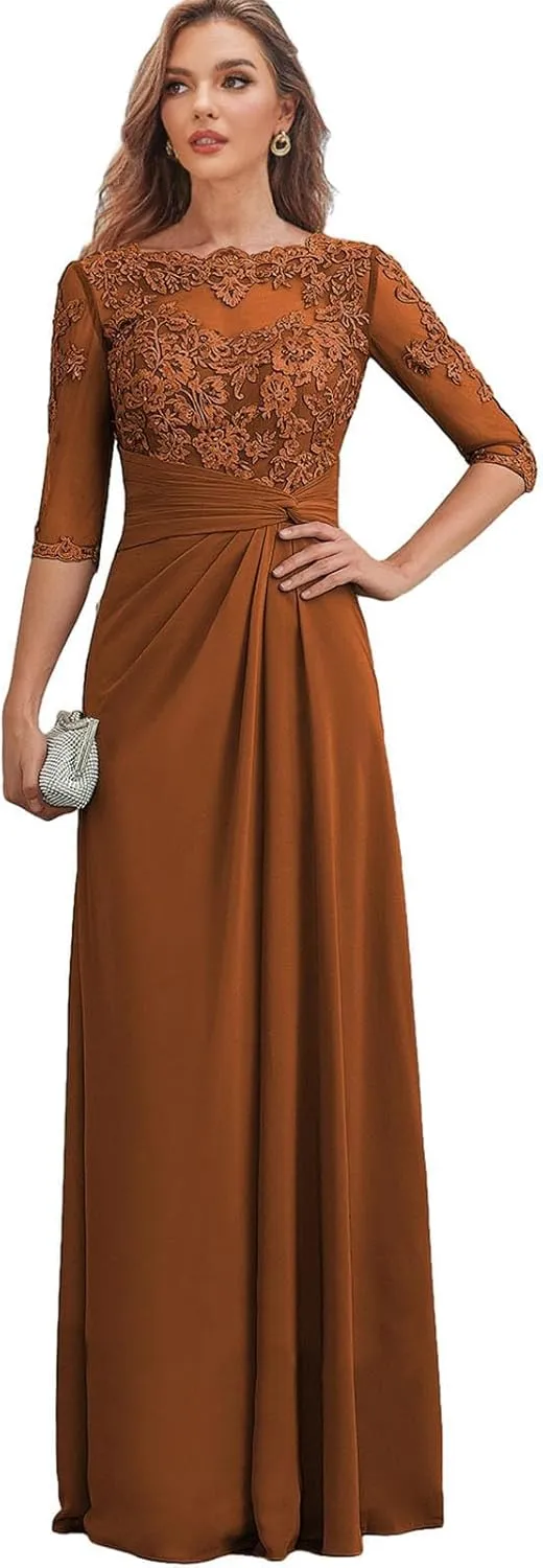 Lace Mother of The Bride Dresses for Wedding - Long Formal Dress Chiffon 3/4 Sleeves Ruched Evening Gown