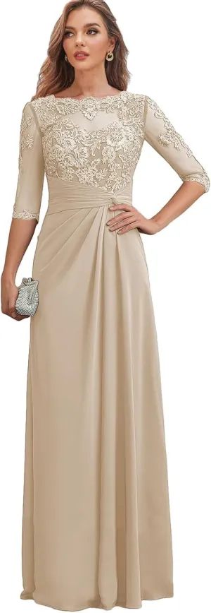 Lace Mother of The Bride Dresses for Wedding - Long Formal Dress Chiffon 3/4 Sleeves Ruched Evening Gown