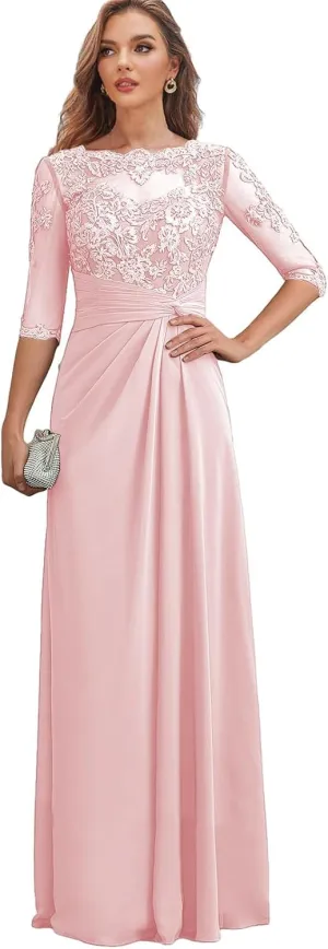 Lace Mother of The Bride Dresses for Wedding - Long Formal Dress Chiffon 3/4 Sleeves Ruched Evening Gown