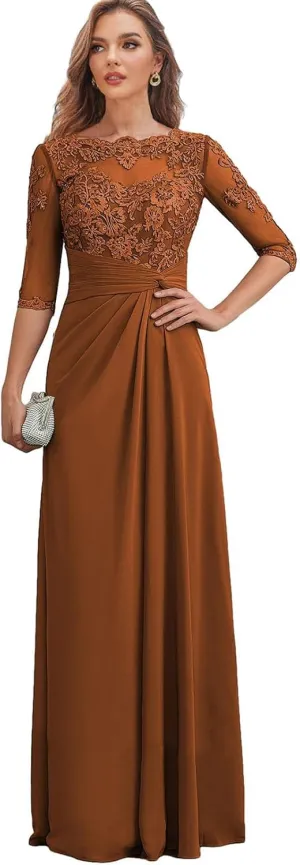 Lace Mother of The Bride Dresses for Wedding - Long Formal Dress Chiffon 3/4 Sleeves Ruched Evening Gown