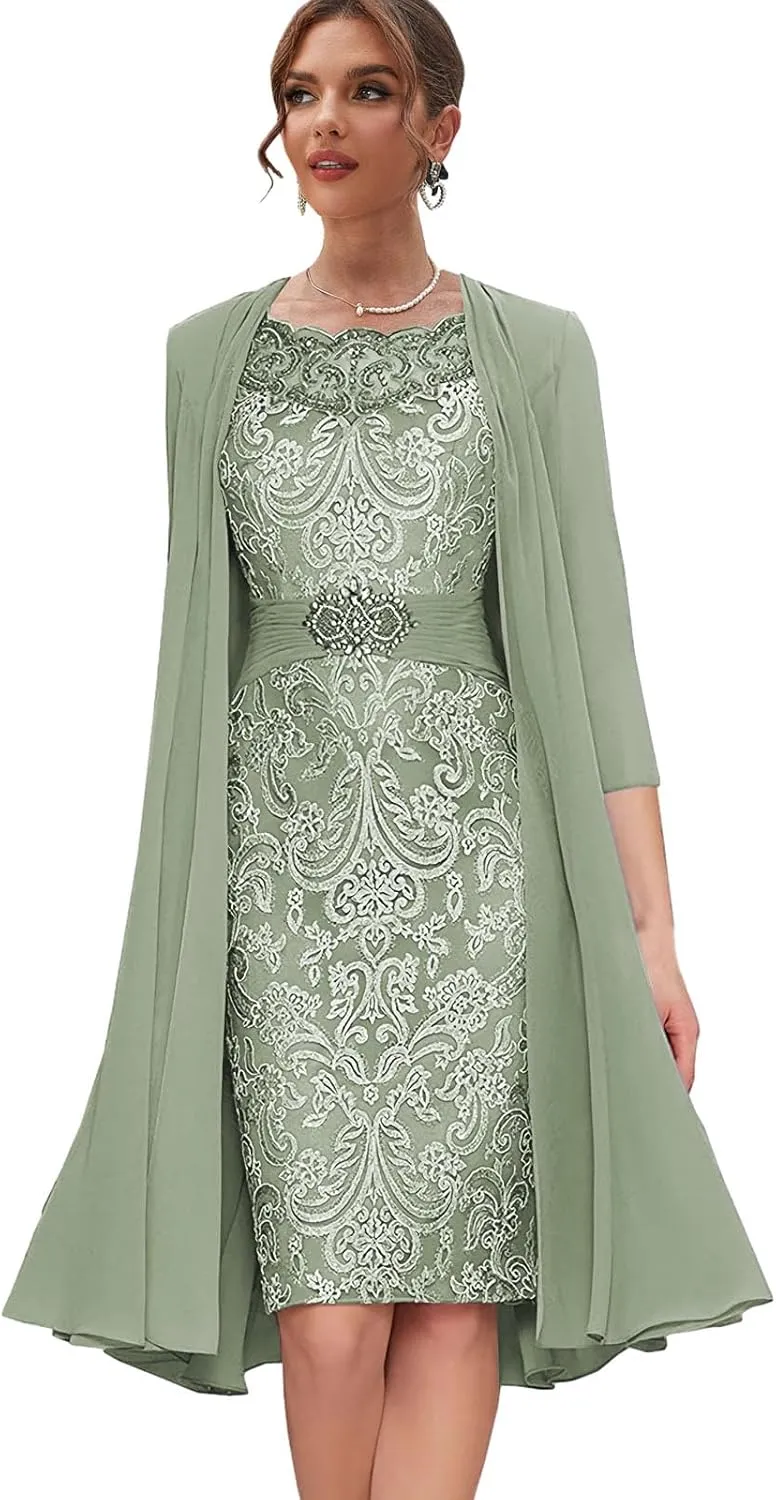 Lace Mother of The Bride Dresses with Jacket Long Sleeve Formal Dress 2 Pieces Evening Gowns for Women