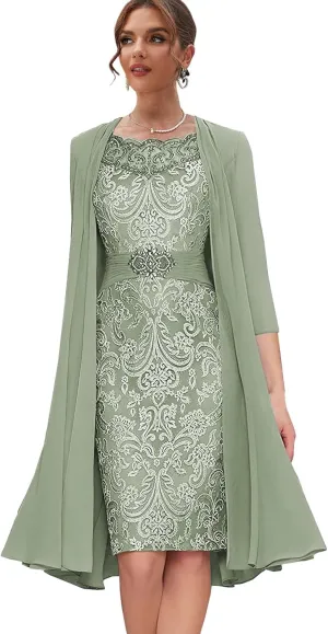 Lace Mother of The Bride Dresses with Jacket Long Sleeve Formal Dress 2 Pieces Evening Gowns for Women