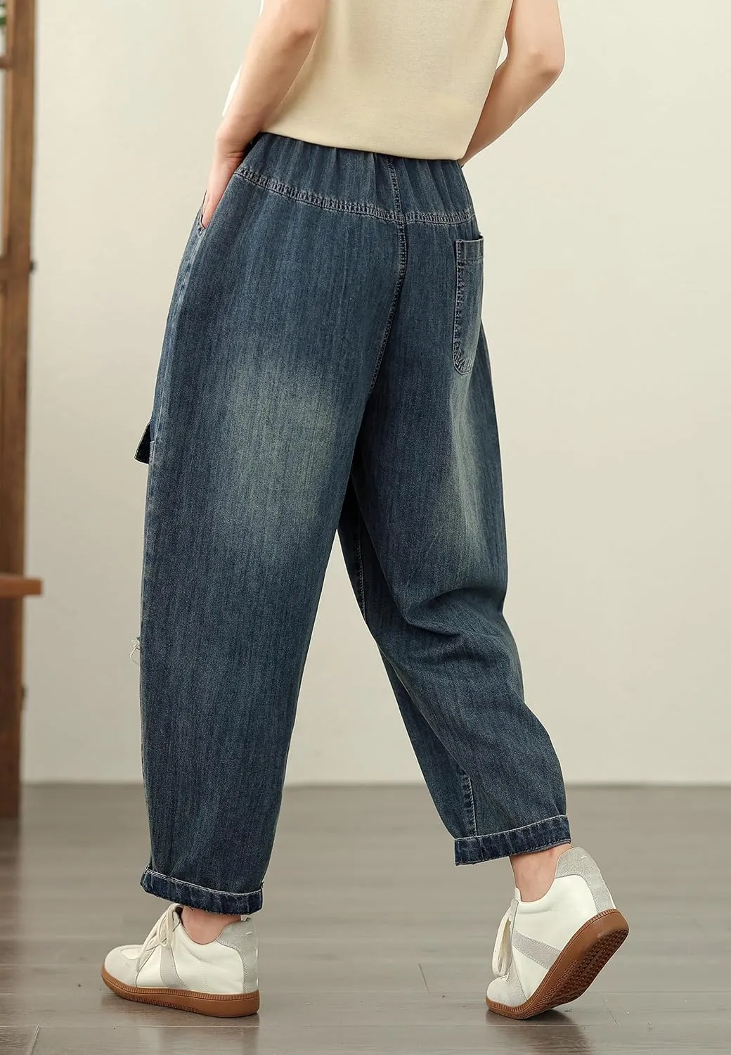 LAI MENG FIVE CATS Women Loose Jeans Denim Harem Pants with Elastic Waist with Pocket