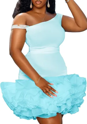 LAJIOJIO Women's Puffy Ruffle Mini Dress,Off Shoulder Sleeveless Tulle Club Night Out Dresses