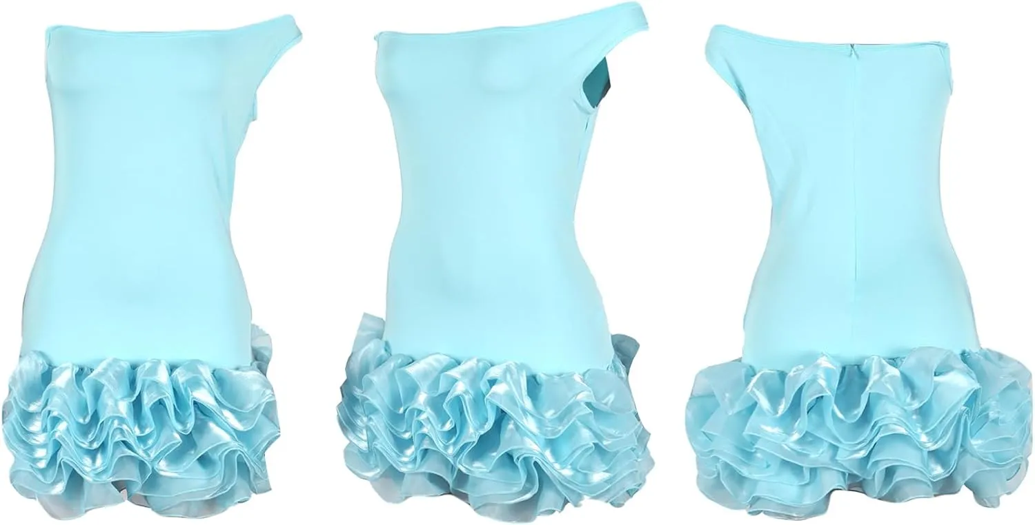 LAJIOJIO Women's Puffy Ruffle Mini Dress,Off Shoulder Sleeveless Tulle Club Night Out Dresses