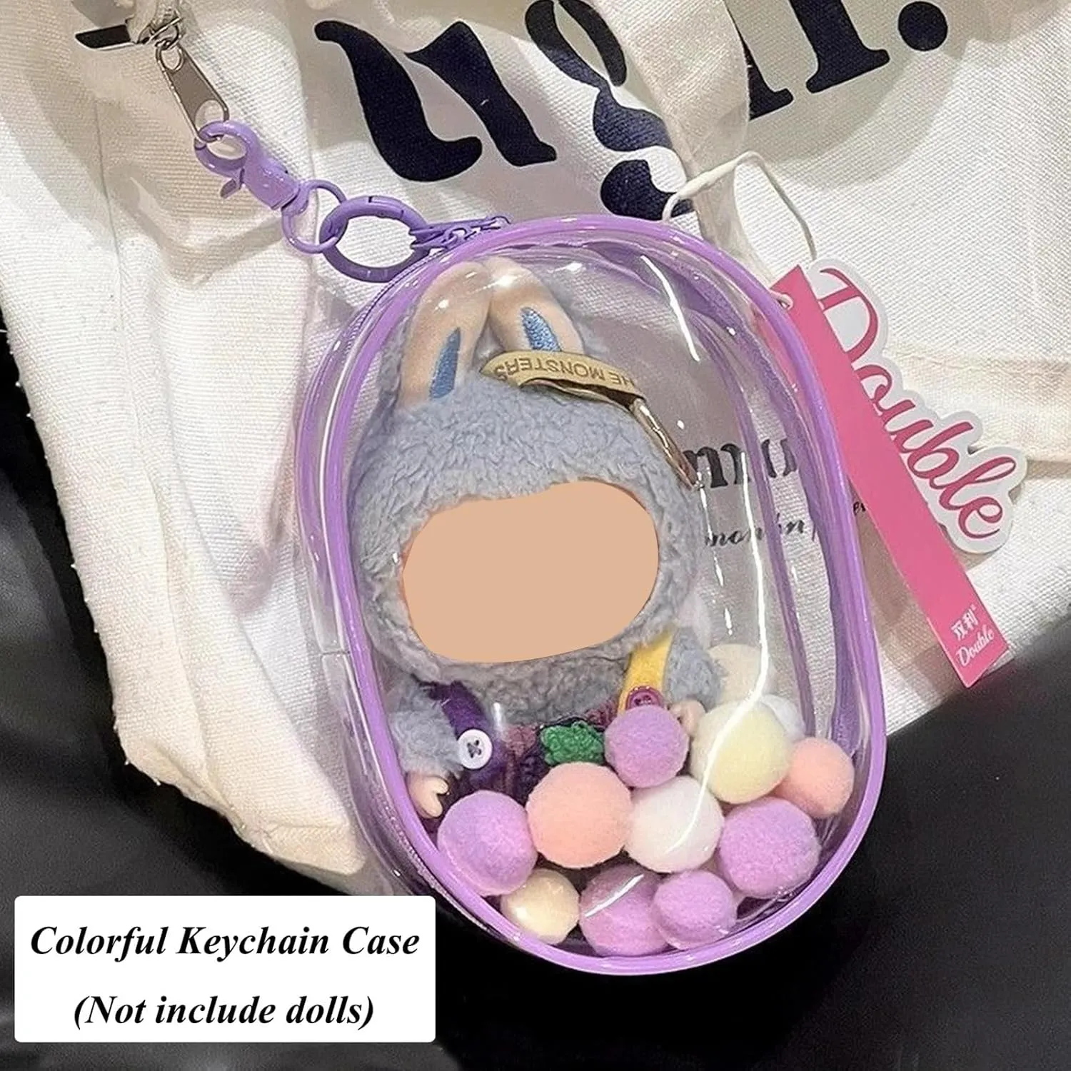 Large Clear Figure Display Bag with Keychain Blind Box Keychain Case Lipsticks Carrying Case Keychain Pouch Charms for Collectibles 6.8 Inch Tall