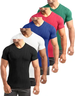 Lehmanlin Men's Muscle T Shirts Slim Fit Athletic Bodybuilding T-Shirts Stretch Ribbed Lightweight V Neck Undershirt Top