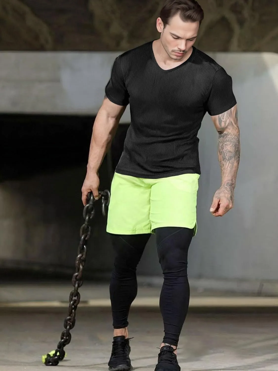 Lehmanlin Men's Muscle T Shirts Slim Fit Athletic Bodybuilding T-Shirts Stretch Ribbed Lightweight V Neck Undershirt Top