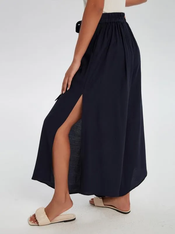 Les umes Womens Wide Leg Pants High Waist Side Split Flowy Palazzo Pants Belted Loose Beach Casual Crop Trousers with Pockets
