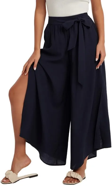 Les umes Womens Wide Leg Pants High Waist Side Split Flowy Palazzo Pants Belted Loose Beach Casual Crop Trousers with Pockets