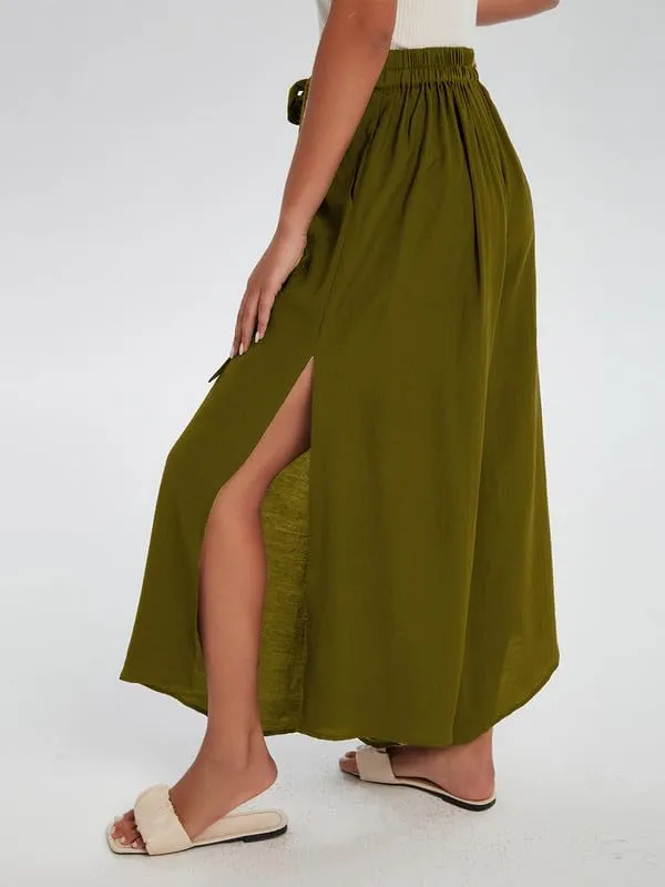 Les umes Womens Wide Leg Pants High Waist Side Split Flowy Palazzo Pants Belted Loose Beach Casual Crop Trousers with Pockets