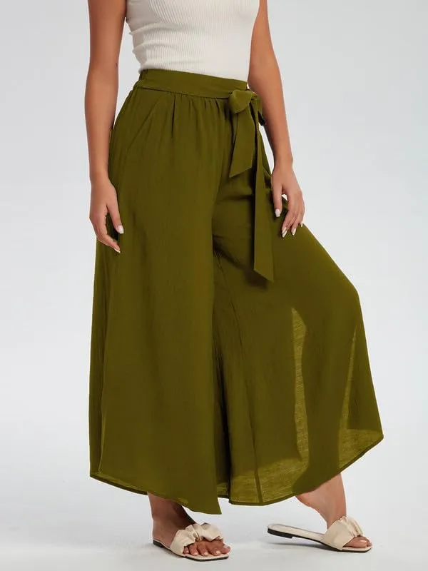 Les umes Womens Wide Leg Pants High Waist Side Split Flowy Palazzo Pants Belted Loose Beach Casual Crop Trousers with Pockets