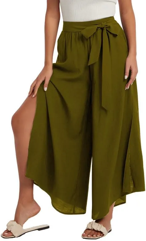 Les umes Womens Wide Leg Pants High Waist Side Split Flowy Palazzo Pants Belted Loose Beach Casual Crop Trousers with Pockets