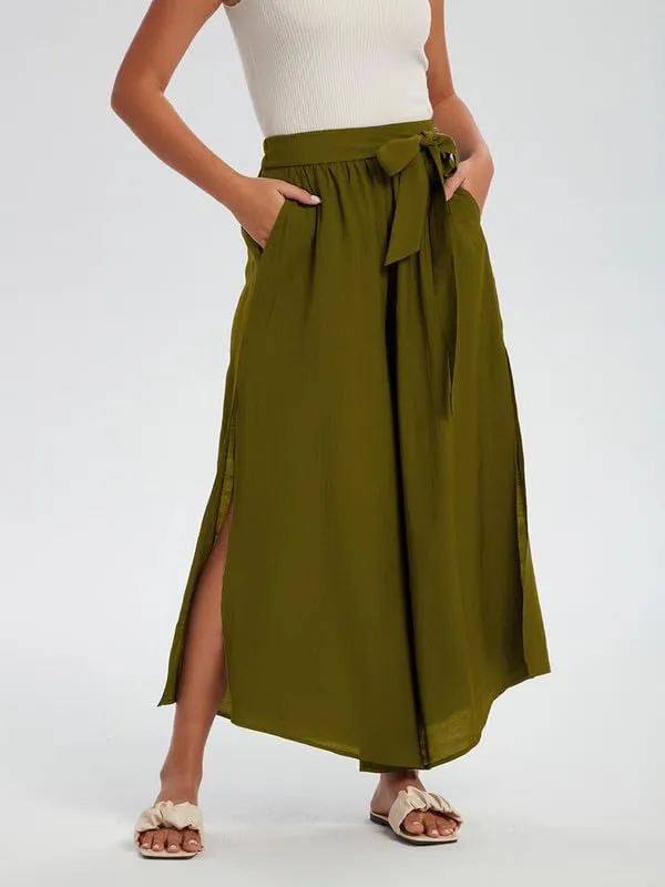 Les umes Womens Wide Leg Pants High Waist Side Split Flowy Palazzo Pants Belted Loose Beach Casual Crop Trousers with Pockets
