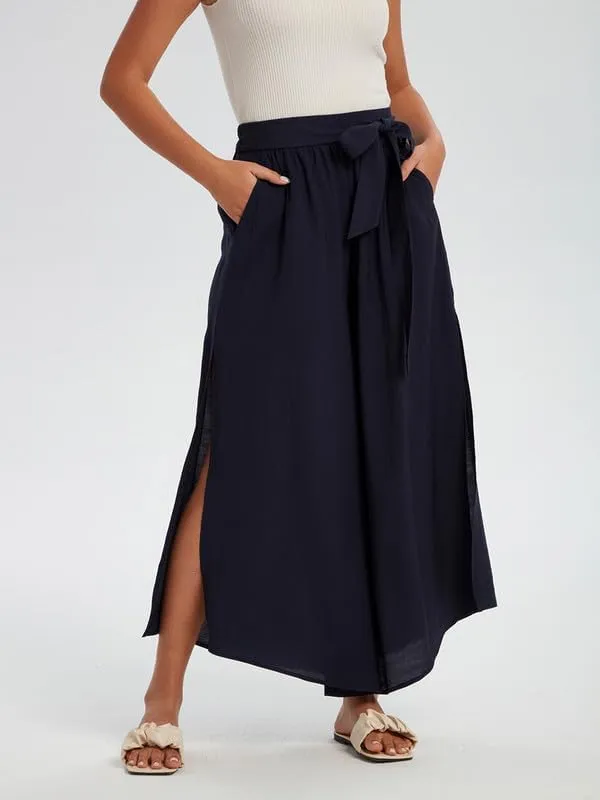 Les umes Womens Wide Leg Pants High Waist Side Split Flowy Palazzo Pants Belted Loose Beach Casual Crop Trousers with Pockets