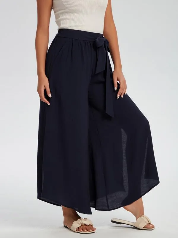 Les umes Womens Wide Leg Pants High Waist Side Split Flowy Palazzo Pants Belted Loose Beach Casual Crop Trousers with Pockets
