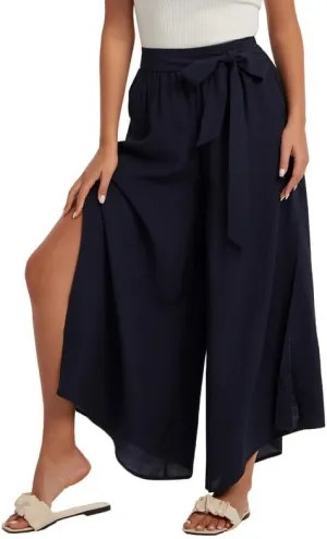 Les umes Womens Wide Leg Pants High Waist Side Split Flowy Palazzo Pants Belted Loose Beach Casual Crop Trousers with Pockets