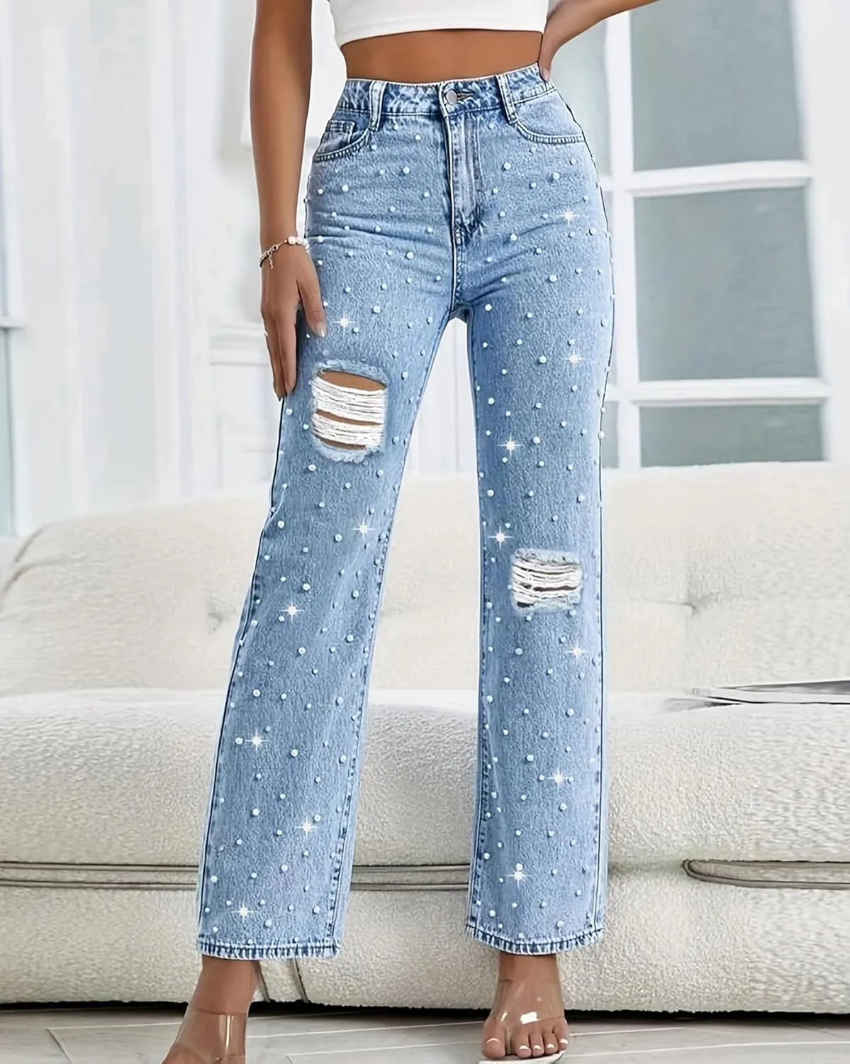 LifeShe Women Pearl Jeans Ripped Distressed Denim Pants High Waist Trousers