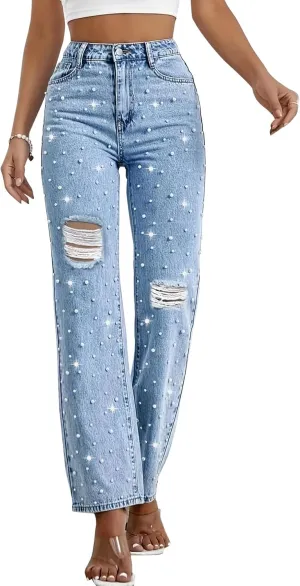 LifeShe Women Pearl Jeans Ripped Distressed Denim Pants High Waist Trousers