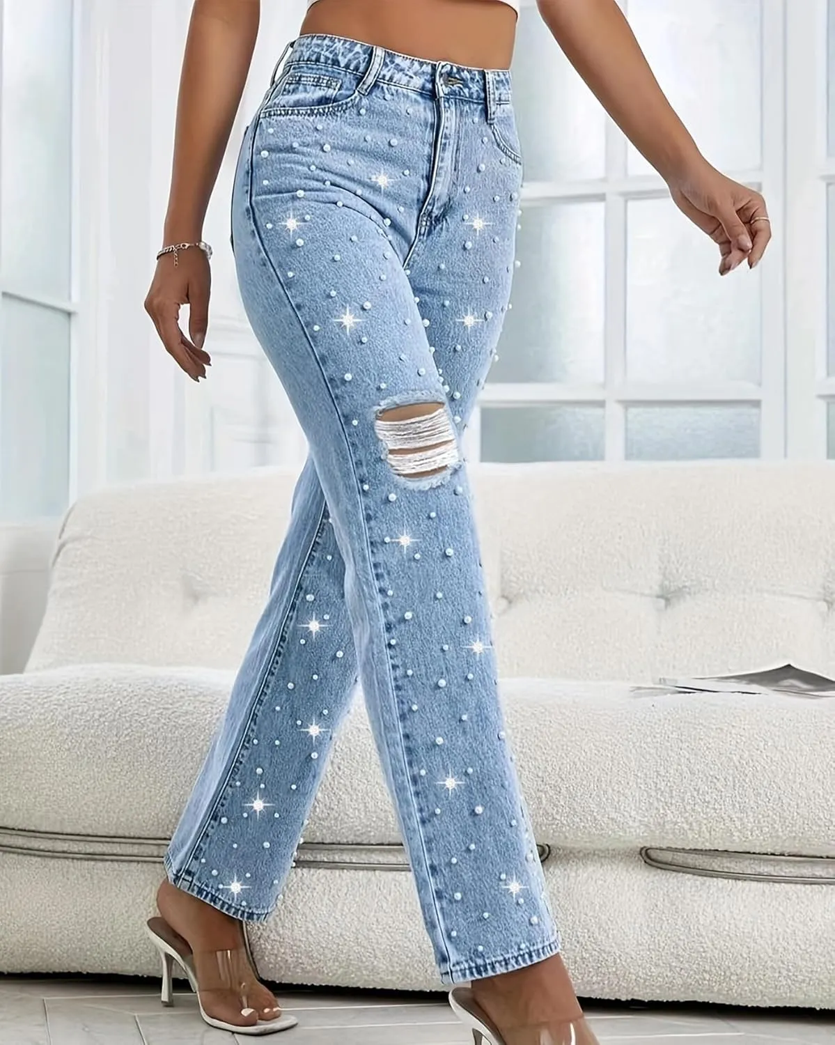 LifeShe Women Pearl Jeans Ripped Distressed Denim Pants High Waist Trousers
