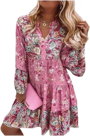 LifeShe Womens Casual Spring Summer Dresses V Neck 3/4 Sleeve Ruffle Floral Flowy Boho Beach Short Mini Dress