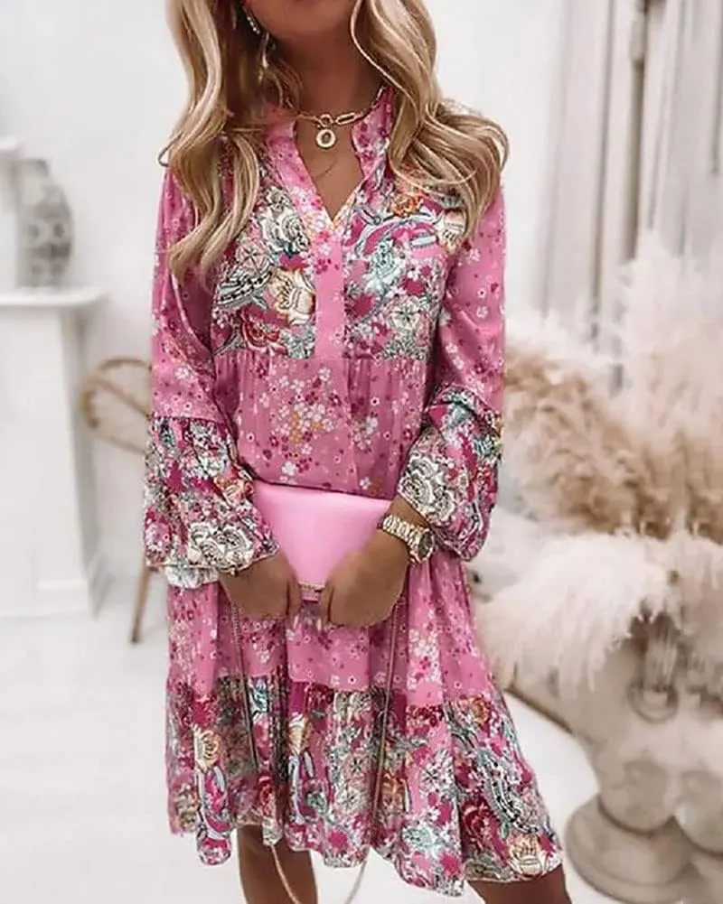 LifeShe Womens Casual Spring Summer Dresses V Neck 3/4 Sleeve Ruffle Floral Flowy Boho Beach Short Mini Dress