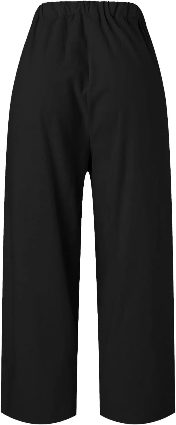 Linen Cropped Pants for Women Summer Casual High Waist Capri Pants Plus Size Straight Leg Beach Trousers with Pockets