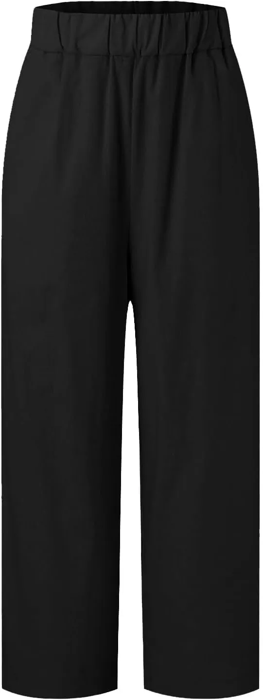 Linen Cropped Pants for Women Summer Casual High Waist Capri Pants Plus Size Straight Leg Beach Trousers with Pockets