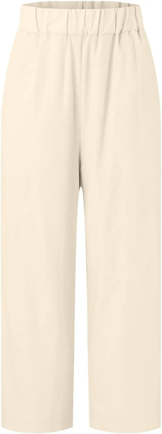 Linen Cropped Pants for Women Summer Casual High Waist Capri Pants Plus Size Straight Leg Beach Trousers with Pockets