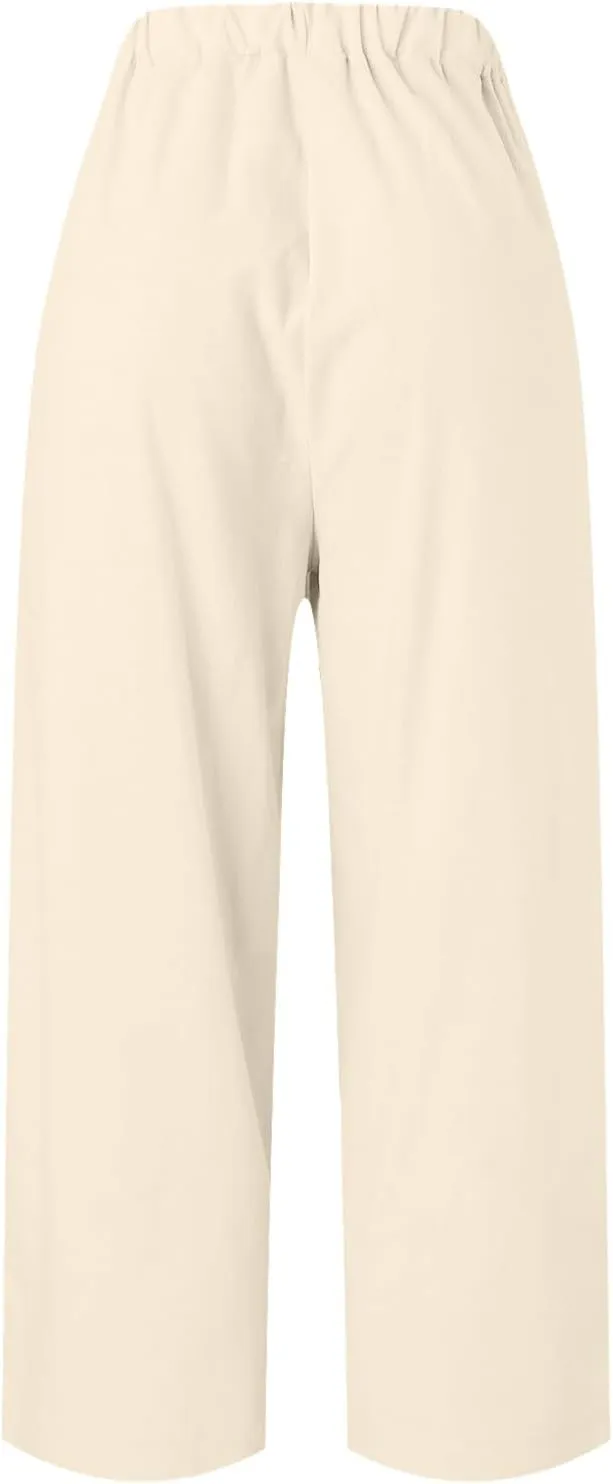 Linen Cropped Pants for Women Summer Casual High Waist Capri Pants Plus Size Straight Leg Beach Trousers with Pockets