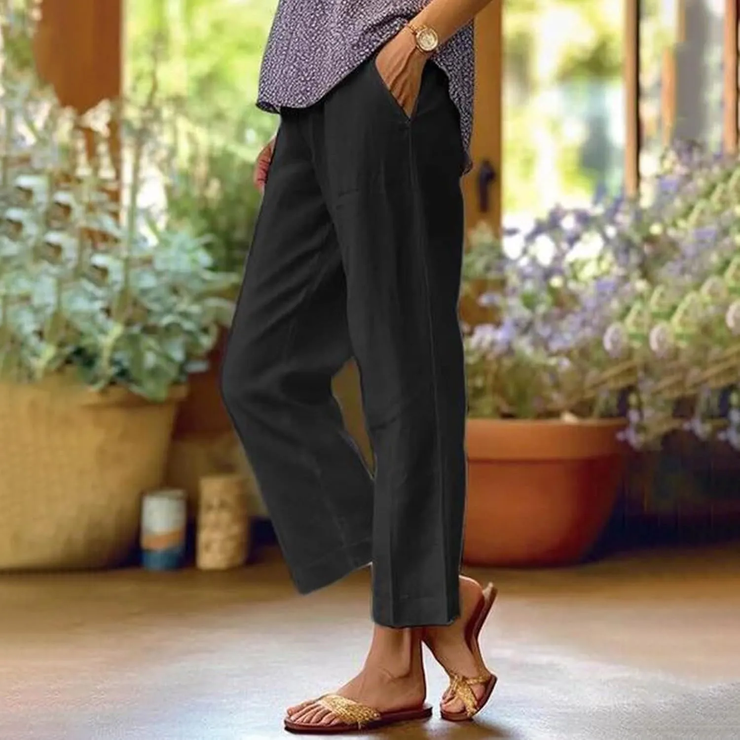 Linen Cropped Pants for Women Summer Casual High Waist Capri Pants Plus Size Straight Leg Beach Trousers with Pockets