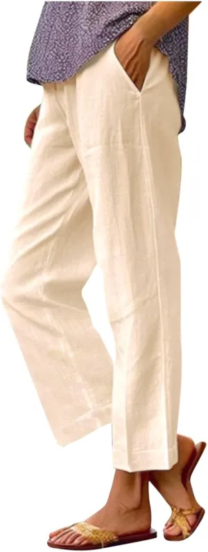 Linen Cropped Pants for Women Summer Casual High Waist Capri Pants Plus Size Straight Leg Beach Trousers with Pockets