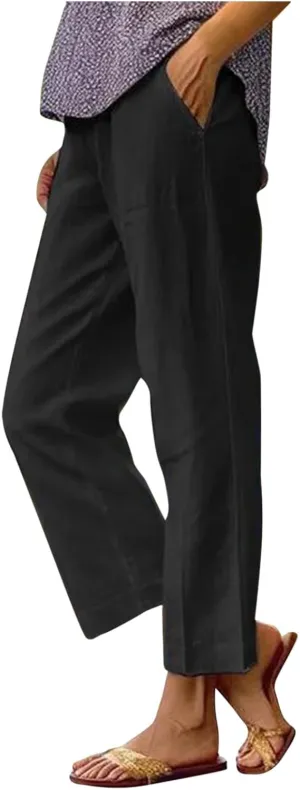 Linen Cropped Pants for Women Summer Casual High Waist Capri Pants Plus Size Straight Leg Beach Trousers with Pockets