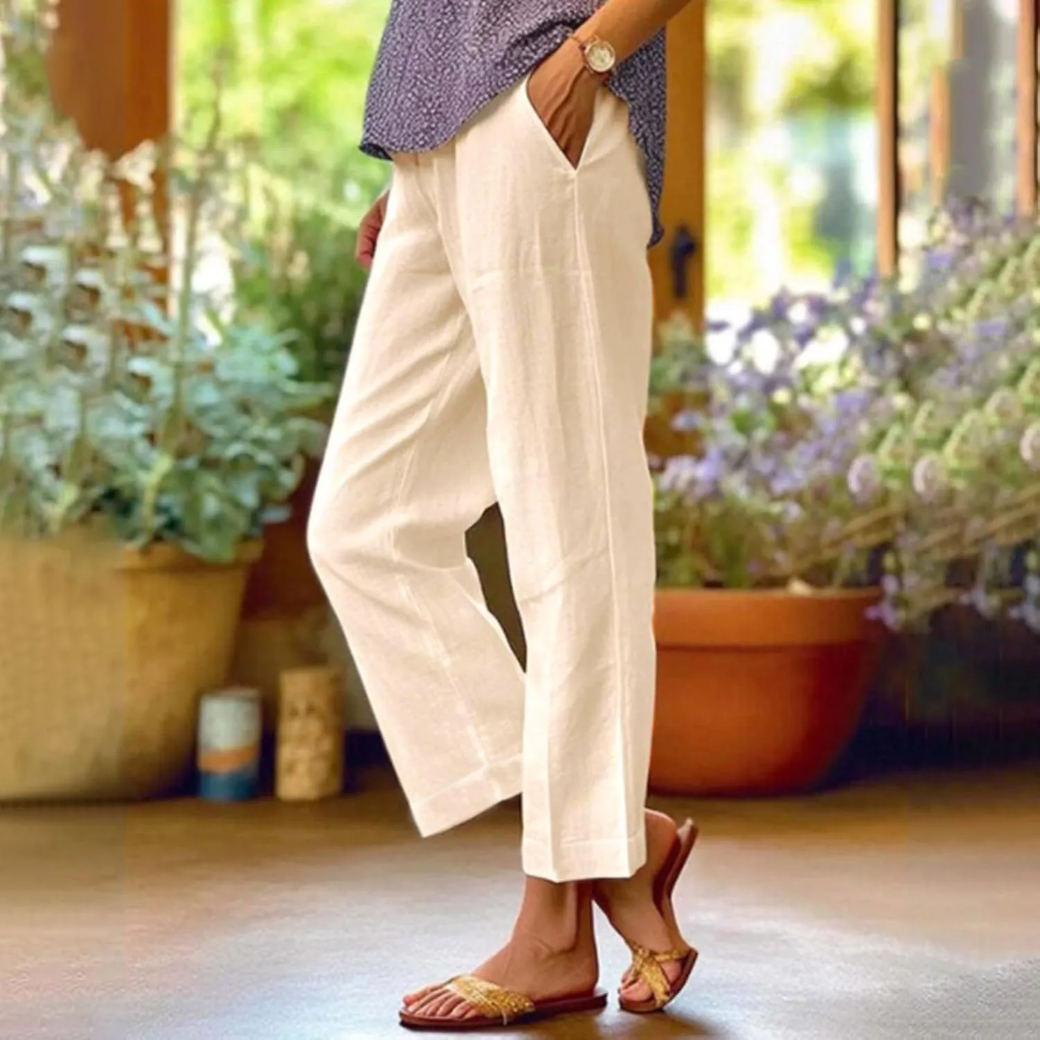 Linen Cropped Pants for Women Summer Casual High Waist Capri Pants Plus Size Straight Leg Beach Trousers with Pockets