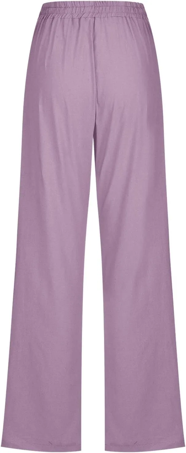 Linen Pants Women Casual High Waist Linen Pants Drawstring Loose Fit Summer Pants Trousers with Side Pockets